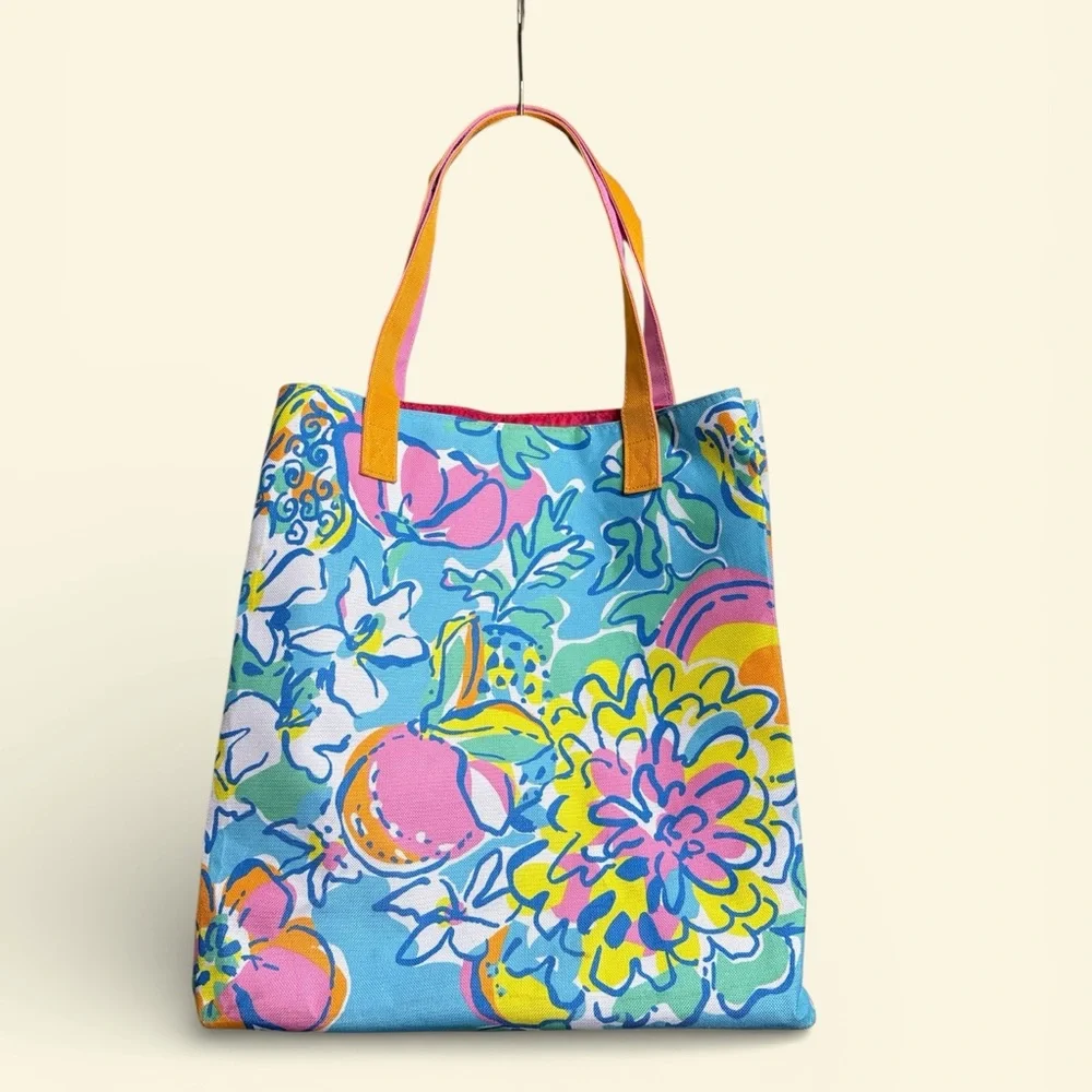 Lilly Pulitzer Estee Lauder Floral Canvas Tote Bag Blue Pink Yellow - Picture 4 of 5